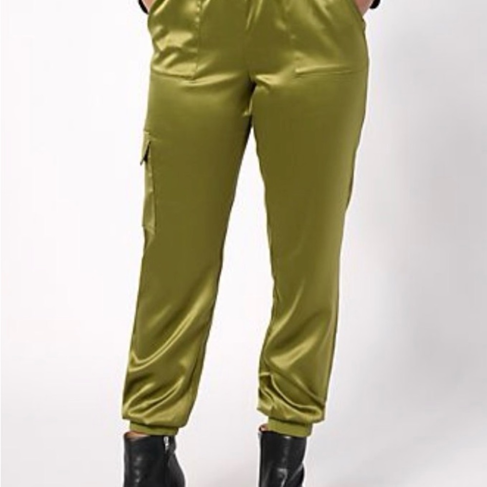 LOGO by Lori Goldstein Olive Green Satin Cargo Joggers